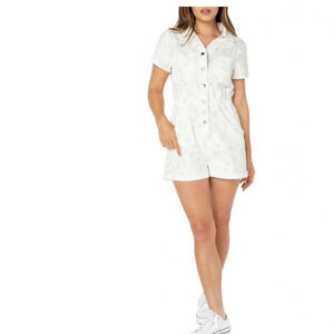 Size small celebrity pink utility style floral romper with easy snap buttons